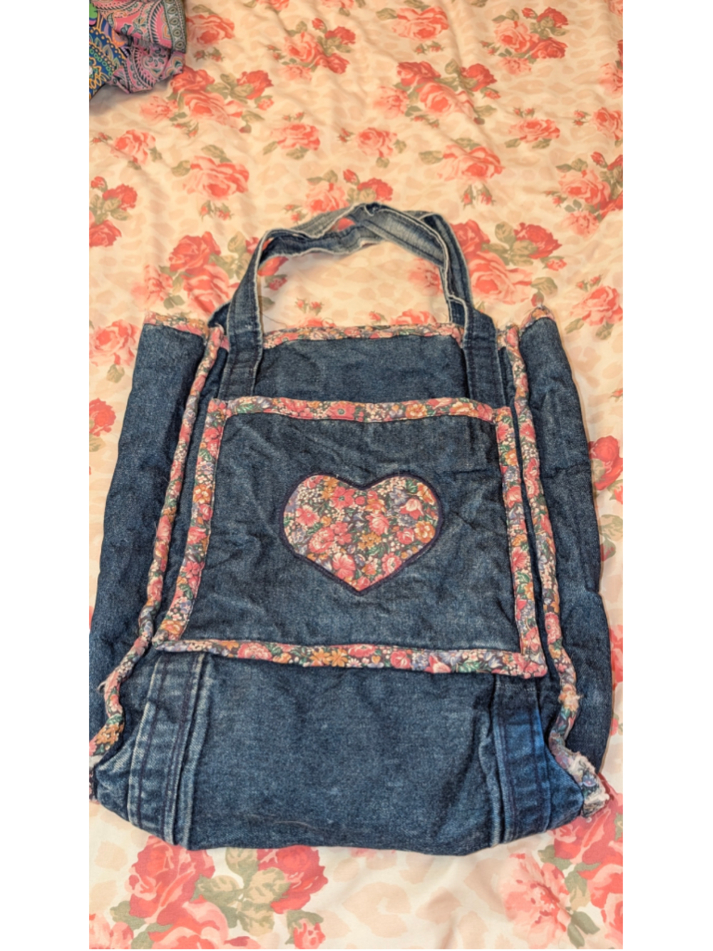 Unbranded Denim Tote Bag One Size Blue Pink Floral Heart - Picture 6 of 6